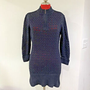 Adolfo Black M Lacy Knit Tunic Sweater Mini Dress Quarter Zip Ribbed Hem Cotton